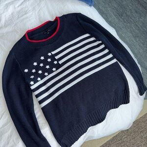 Talbots Blue and Red Crew Neck Sweater with Flag Design